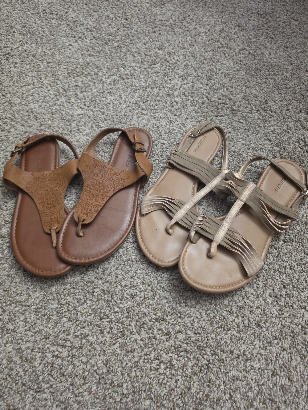 Two Pairs of Women's Tan/Brown Sandals - Strappy & T-Bar Styles
